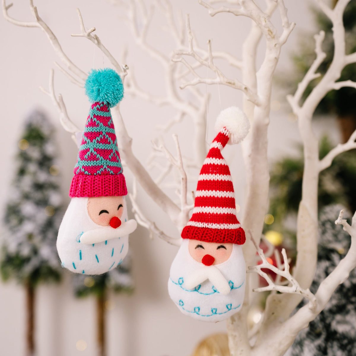 Plush Pom-Pom Santa & Snowman Ornament Set of 2