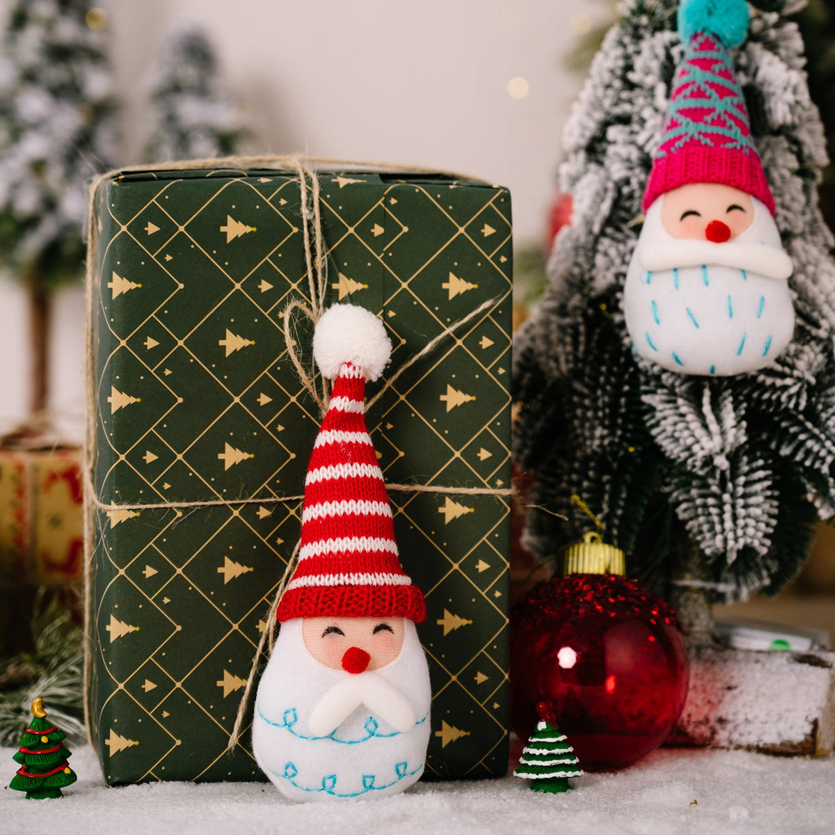 Plush Pom-Pom Santa & Snowman Ornament Set of 2