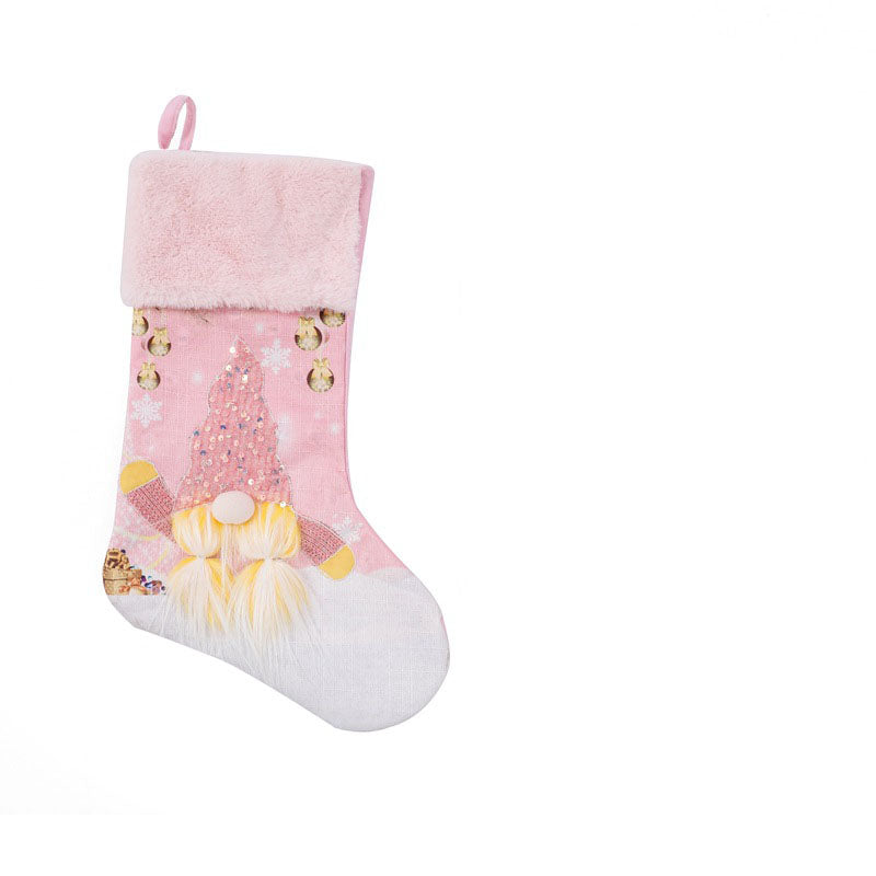 Pink Christmas Stocking With Sparkling Gnome Design