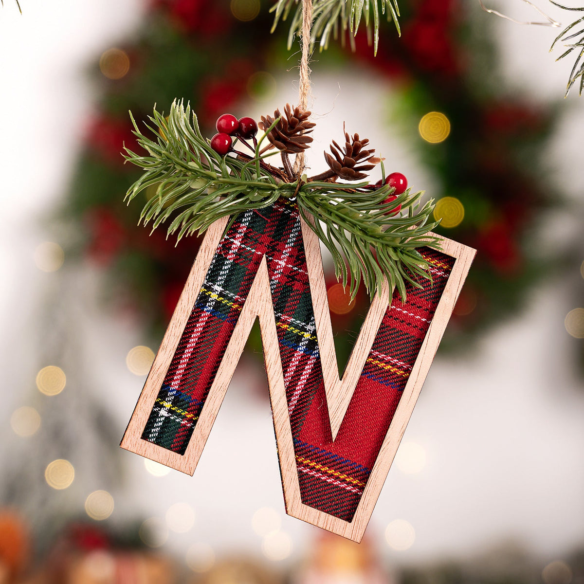 Plaid Letter Christmas Ornament - Rustic Wood Tree Decor