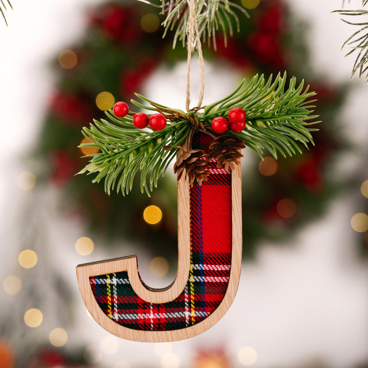 Plaid Letter Christmas Ornament - Rustic Wood Tree Decor