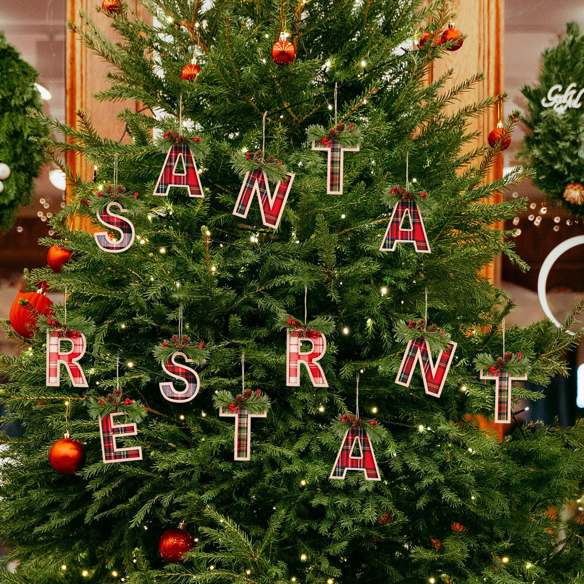 Plaid Letter Christmas Ornament - Rustic Wood Tree Decor