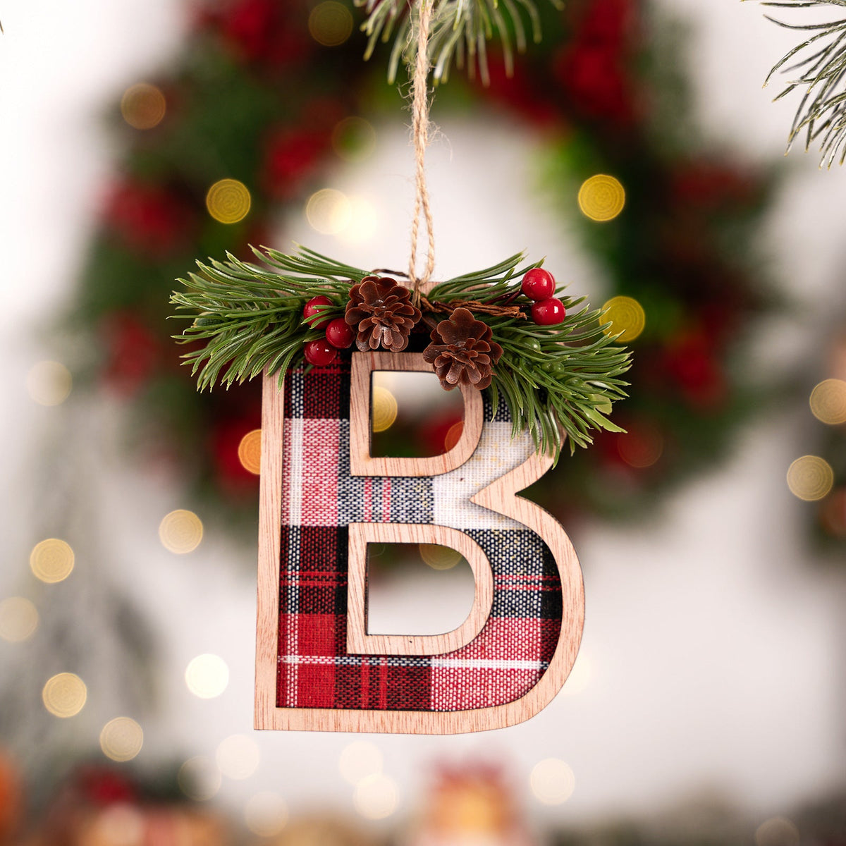 Plaid Letter Christmas Ornament - Rustic Wood Tree Decor