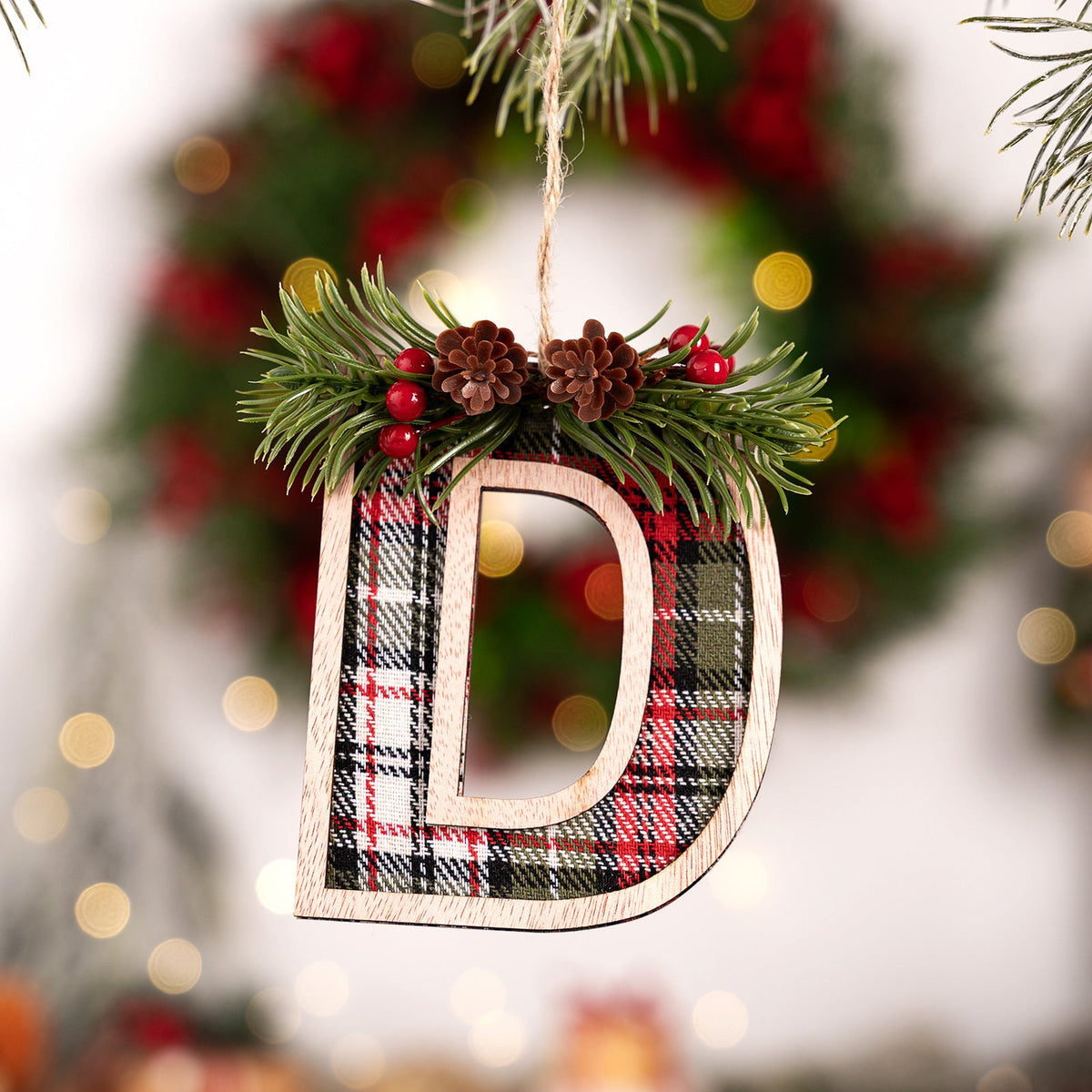Plaid Letter Christmas Ornament - Rustic Wood Tree Decor