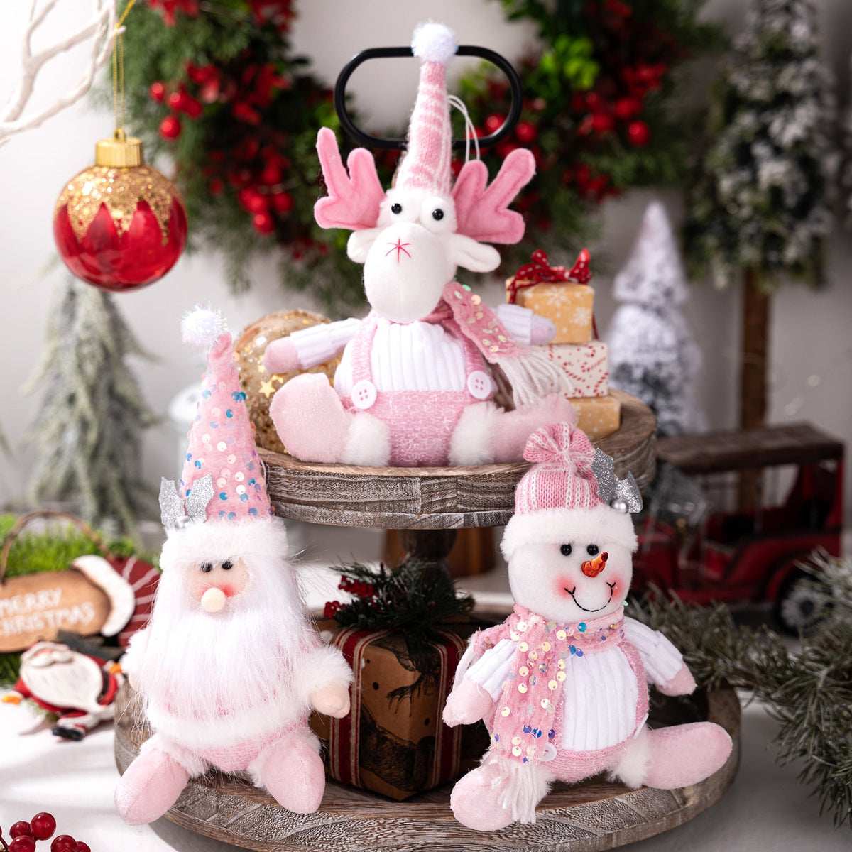 Pink Plush Christmas Ornaments Set of 3, Glitter Decor