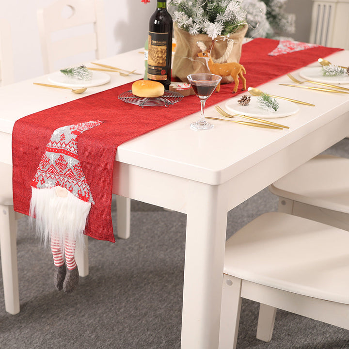 Christmas Table Runner With 3D Gnome Decorations for Dining