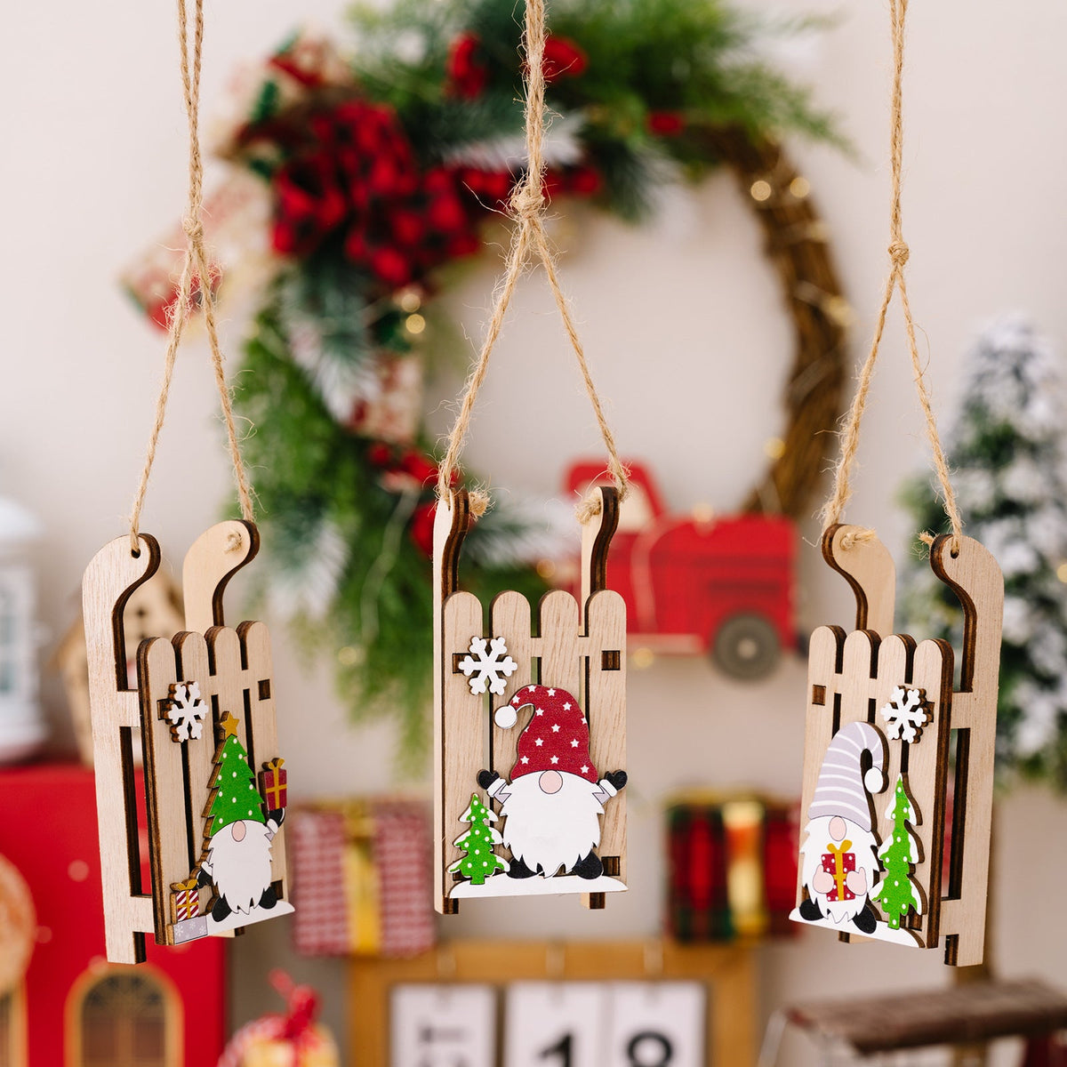 Wooden Christmas Sleigh Ornaments for Rustic Holiday Cheer