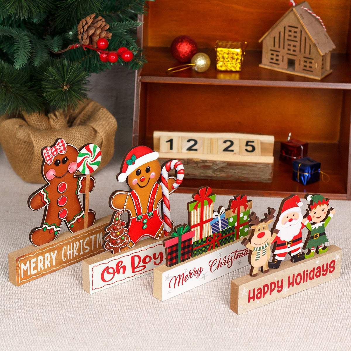 Christmas Wooden Tabletop Decorations, 9-Piece Set