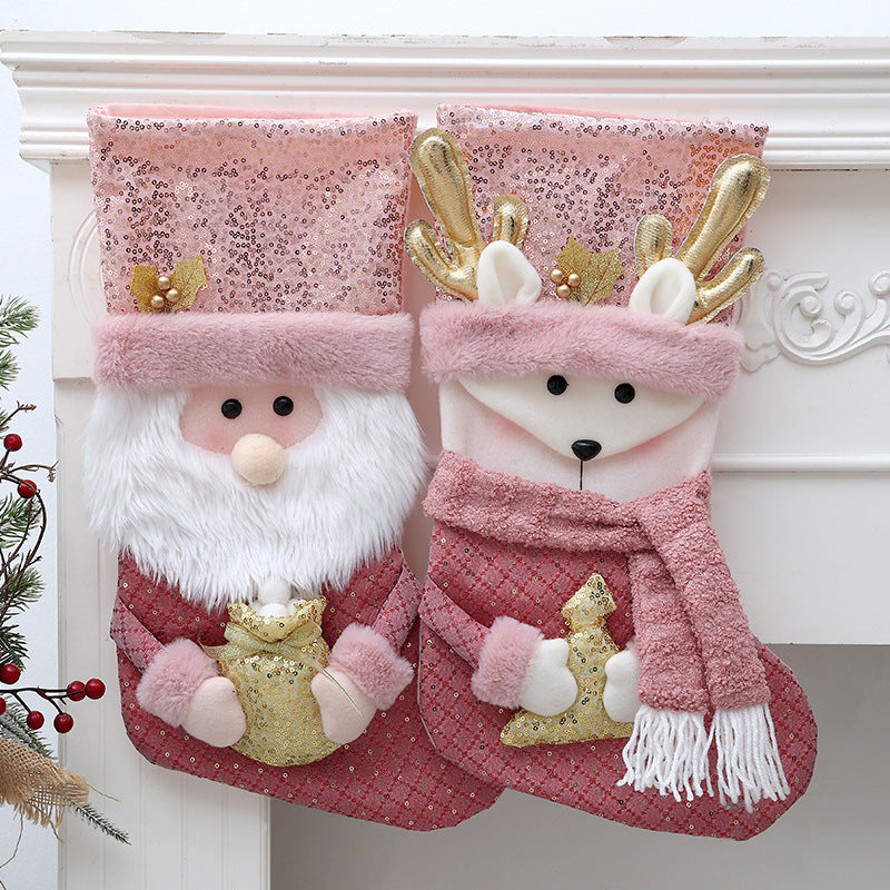 Pink Plush Christmas Stockings Candy Bag Gift Set