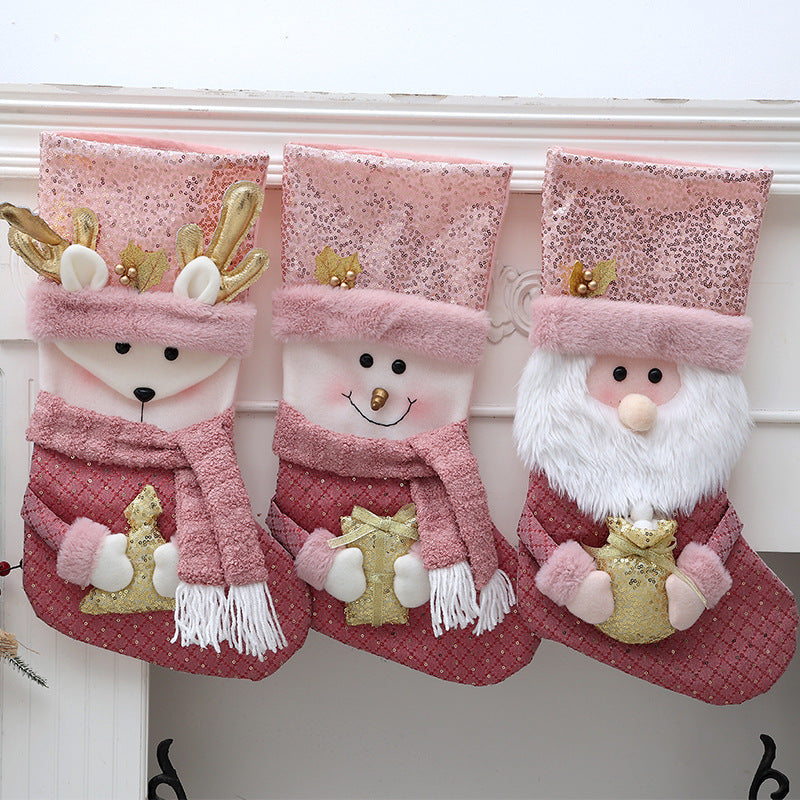 Pink Plush Christmas Stockings Candy Bag Gift Set