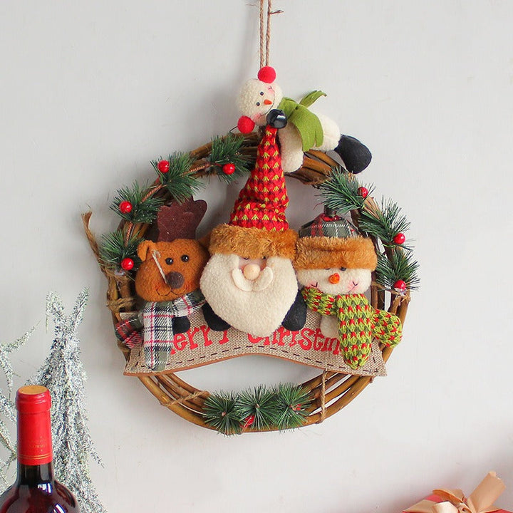 Christmas Rattan Wreath With Plush Snowmen Decoration