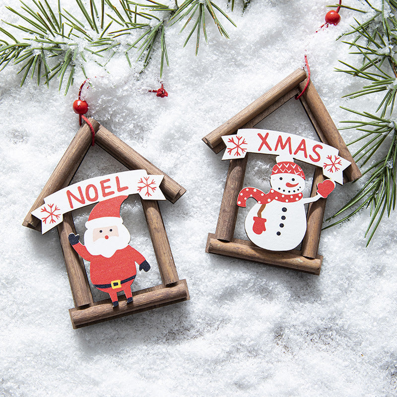 Wooden House Christmas Ornaments - Santa & Snowman Set