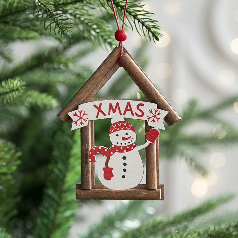 Wooden House Christmas Ornaments - Santa & Snowman Set