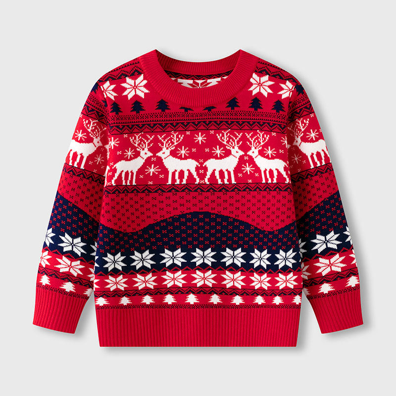 Kids Christmas Sweater with Red Reindeer Knit Pattern