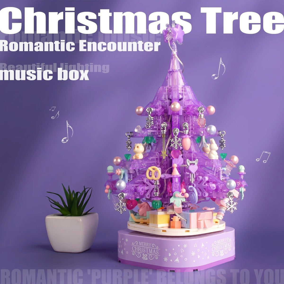 Purple Crystal Christmas Tree Music Box Decoration