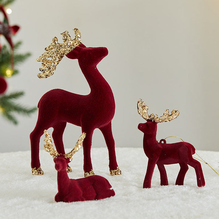 Glitter Flocked Reindeer Christmas Display Decor Set