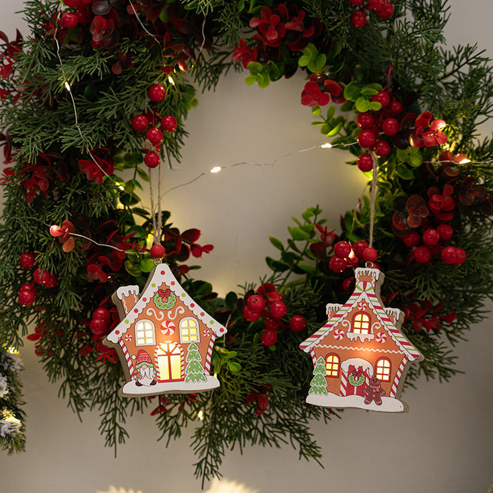 Gingerbread Hut Wooden Pendant with Glowing Window Light