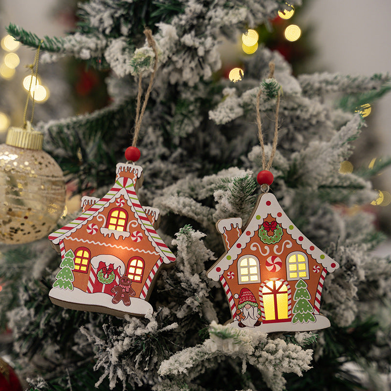 Gingerbread Hut Wooden Pendant with Glowing Window Light
