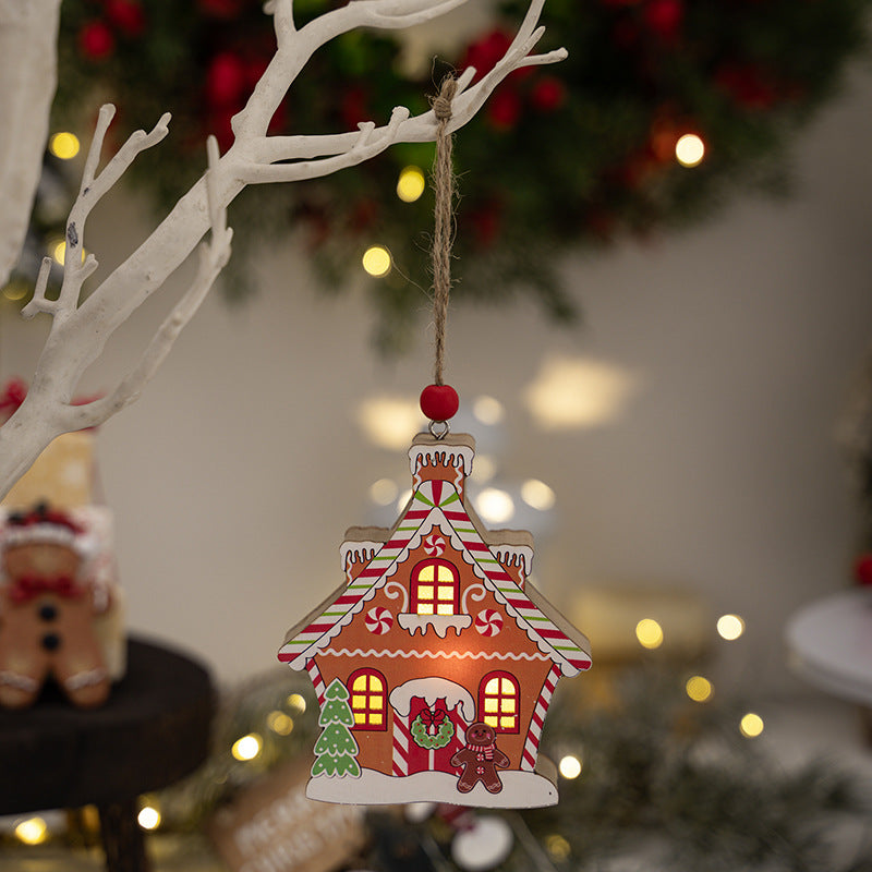 Gingerbread Hut Wooden Pendant with Glowing Window Light
