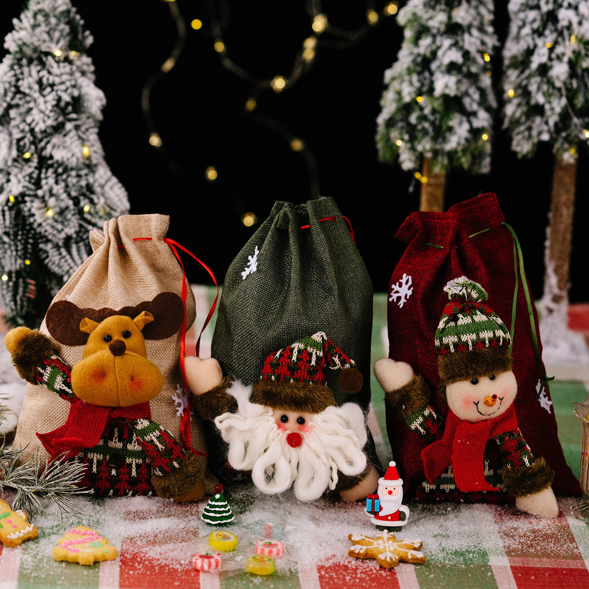 Christmas Gift Bags with Plush Santa, Snowman & Reindeer
