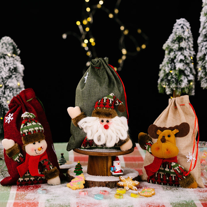 Christmas Gift Bags with Plush Santa, Snowman & Reindeer