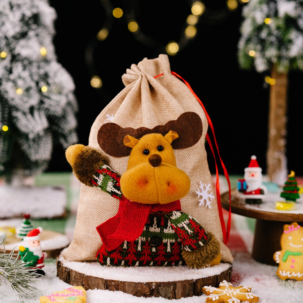 Christmas Gift Bags with Plush Santa, Snowman & Reindeer