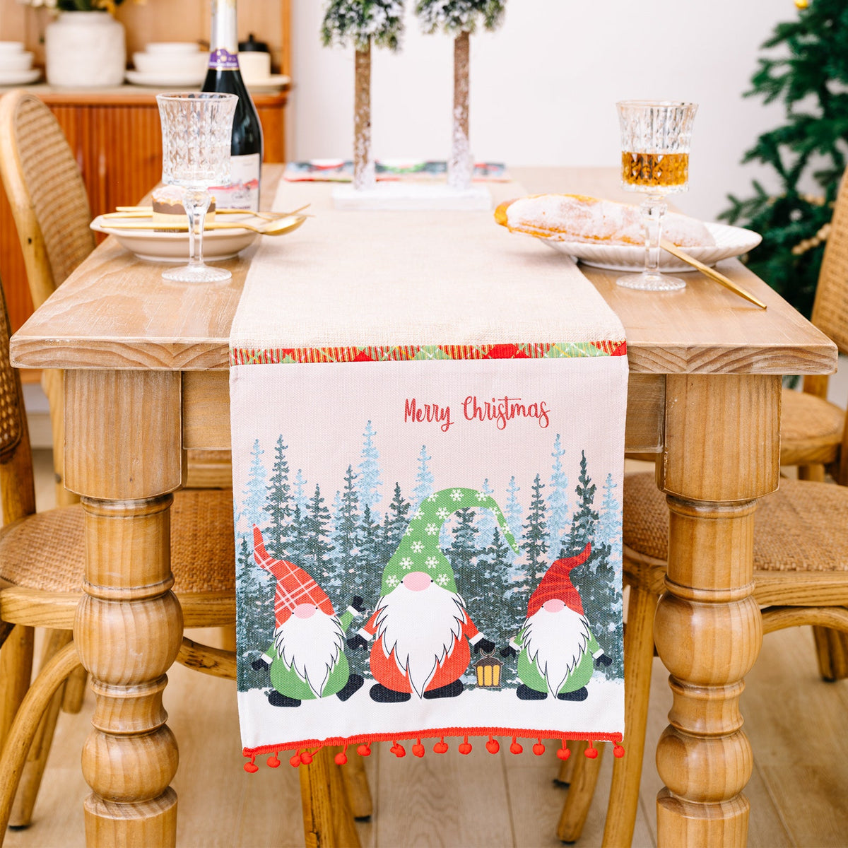 Christmas Table Runner with Forest Gnome Table Decor