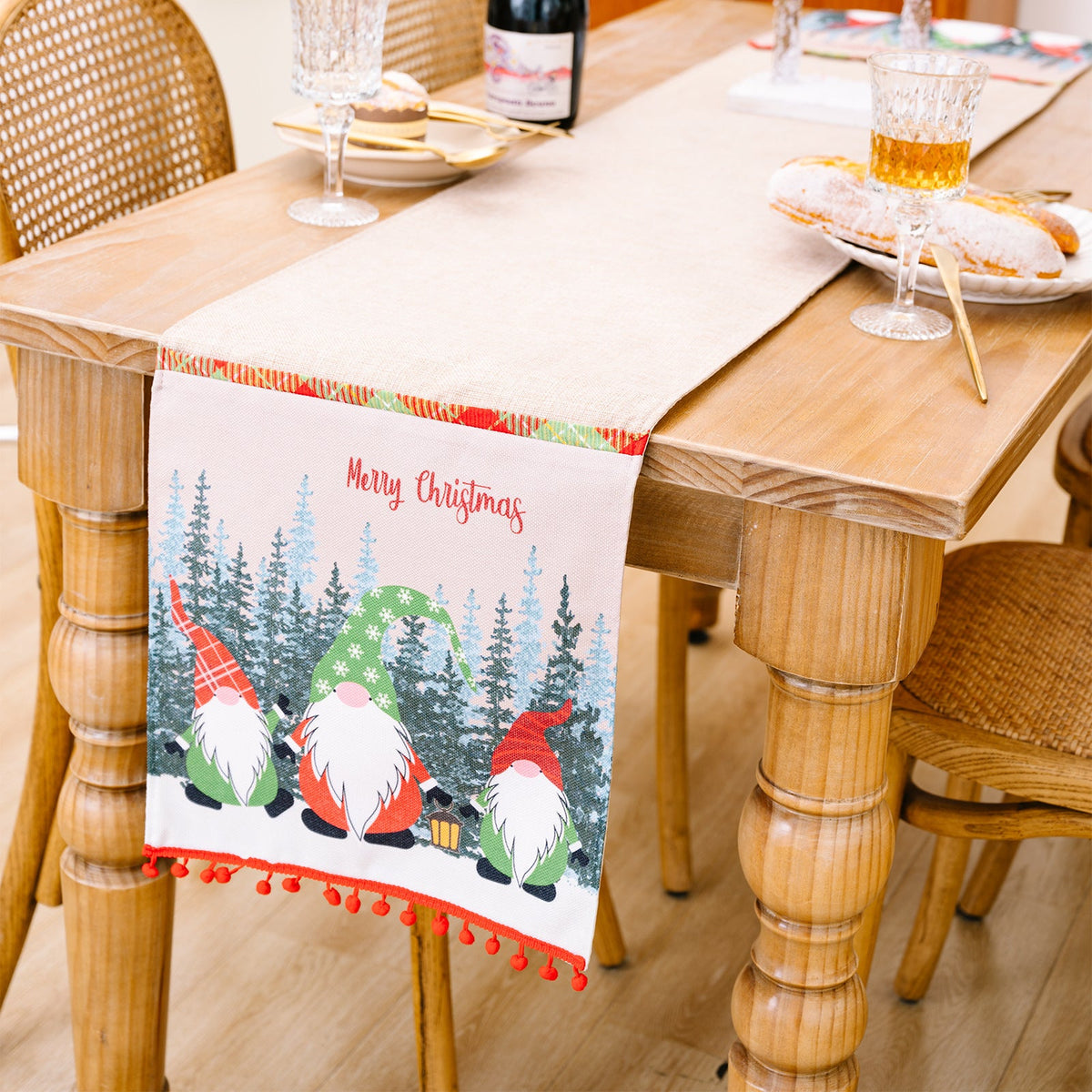 Christmas Table Runner with Forest Gnome Table Decor