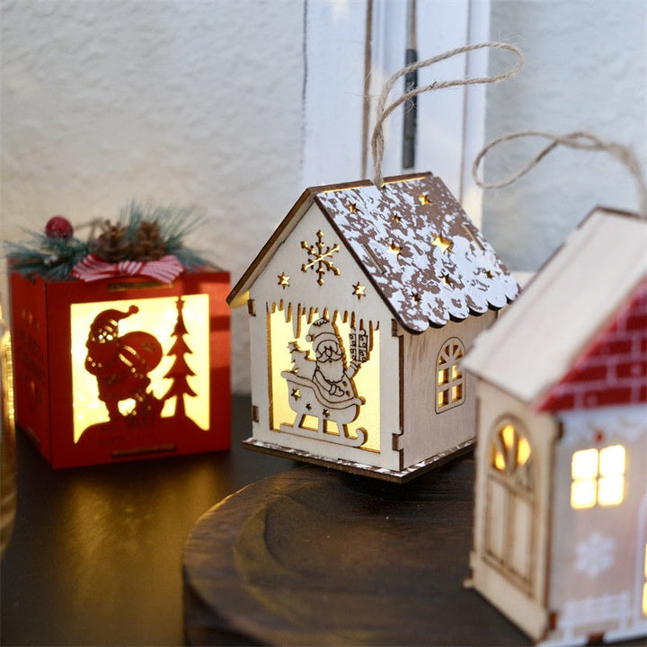 Wooden Christmas House Ornaments With Warm Lights