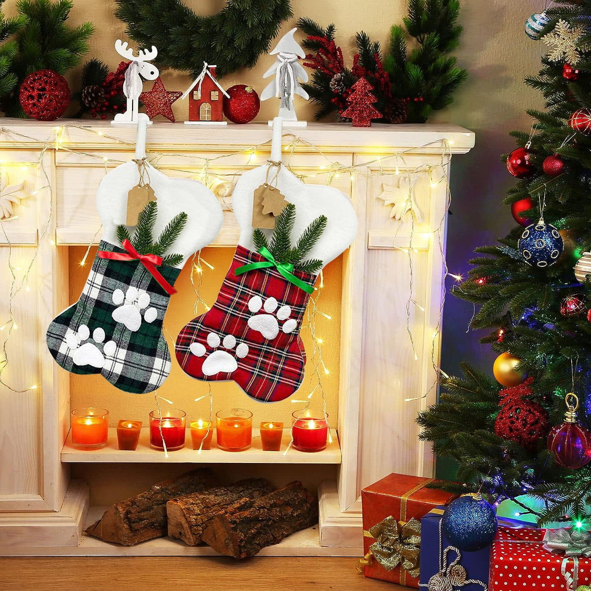 Plaid Paw-Print Pet Christmas Stocking with Cuff