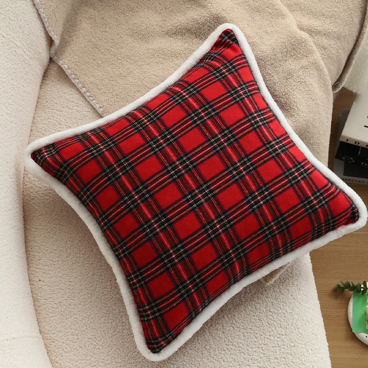 Christmas Plaid Pillow Cover With Plush Faux-Fur Trim
