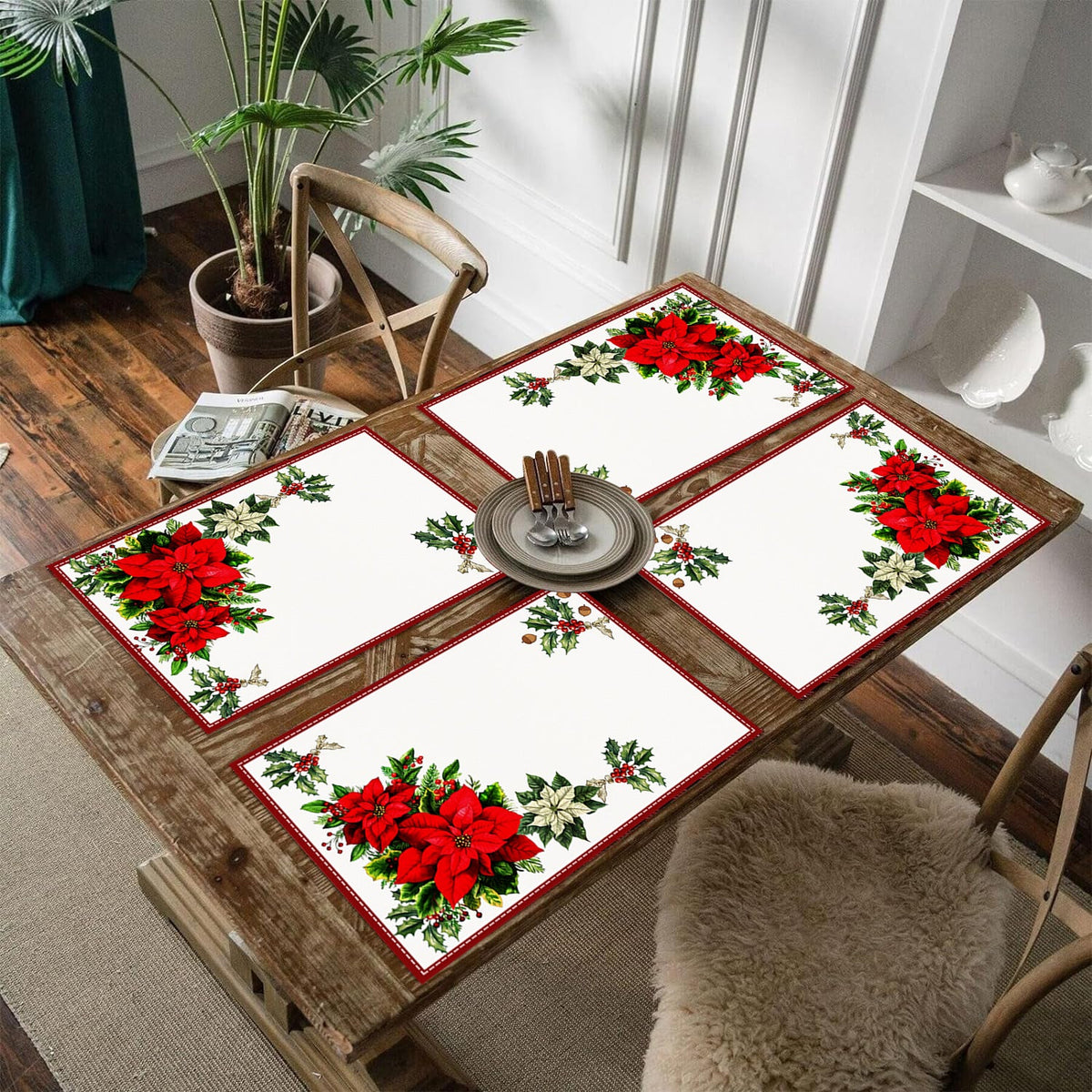 Christmas Table Mats With Festive Poinsettia Decor