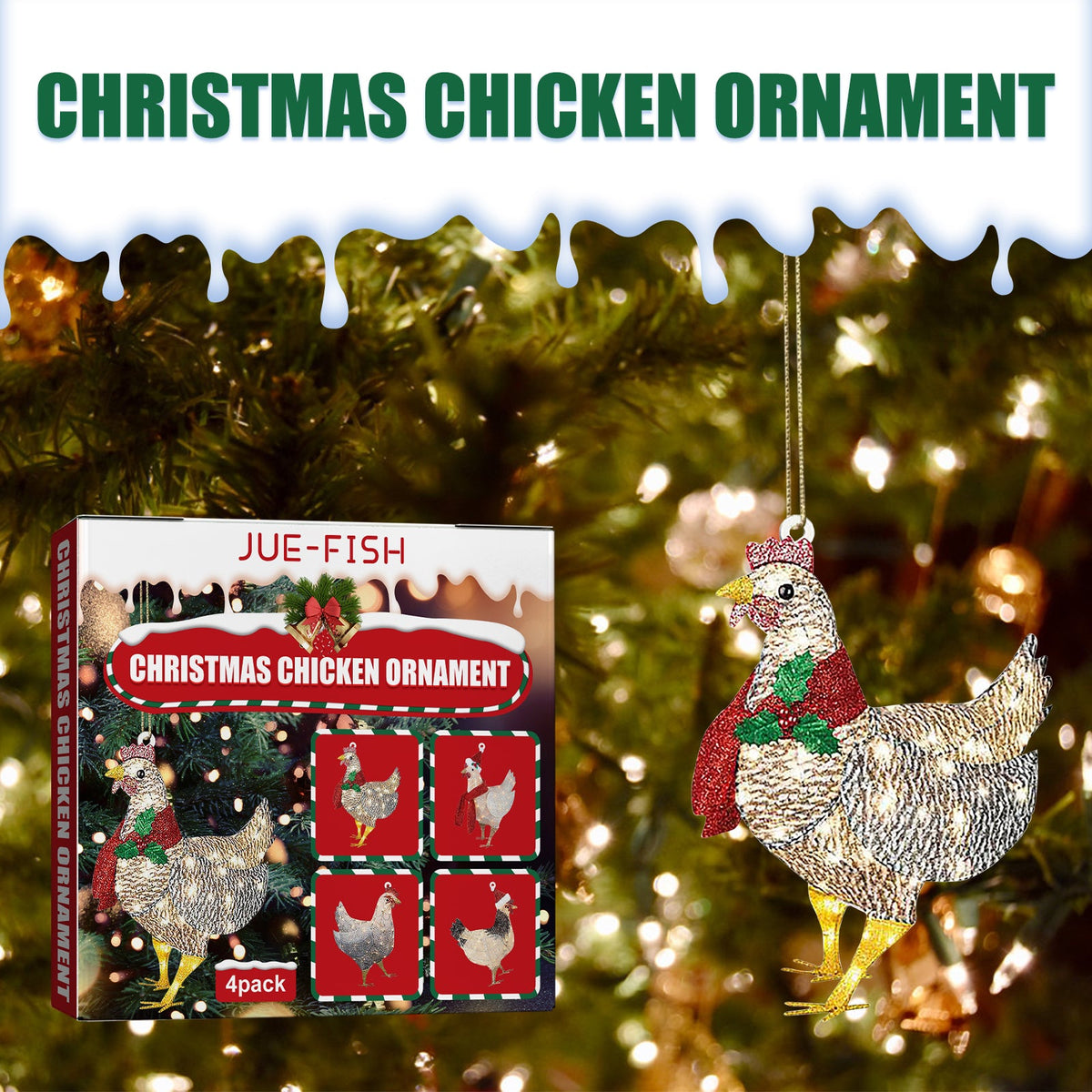 Christmas Chicken Ornaments – 4-Piece Glitter Scarf Set