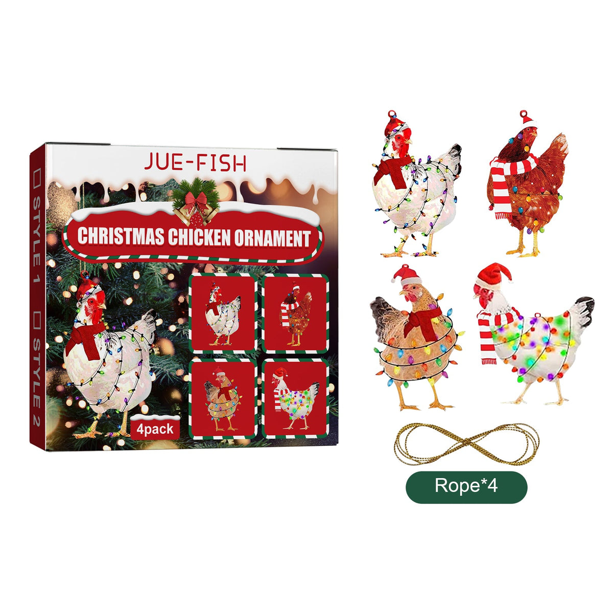 Christmas Chicken Ornaments – 4-Piece Glitter Scarf Set