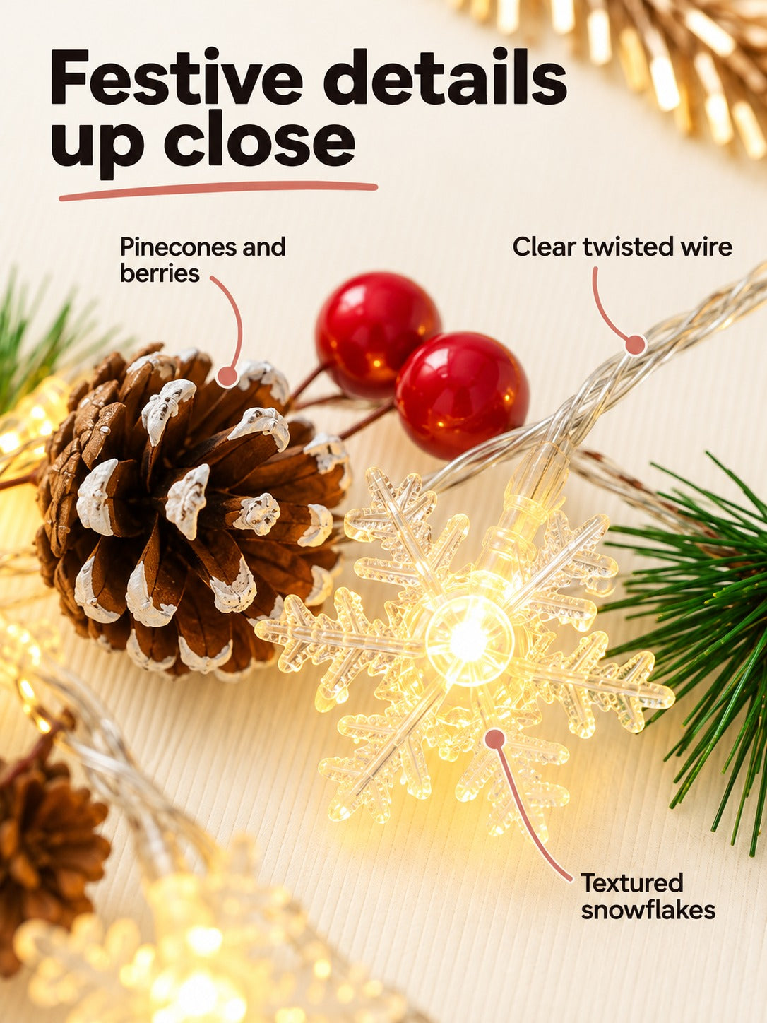 Christmas Snowflake Pinecone String Lights for Stairs