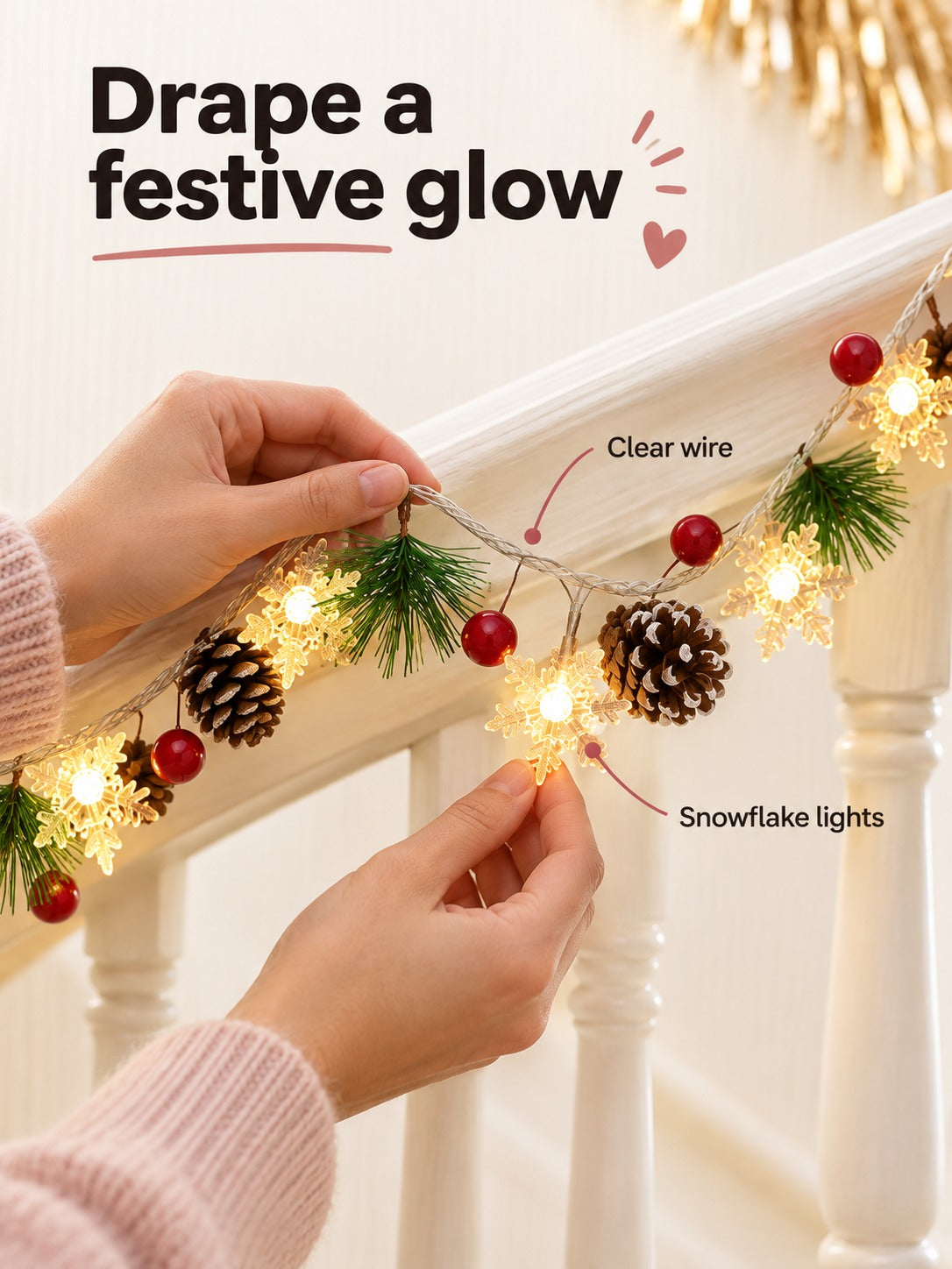 Christmas Snowflake Pinecone String Lights for Stairs