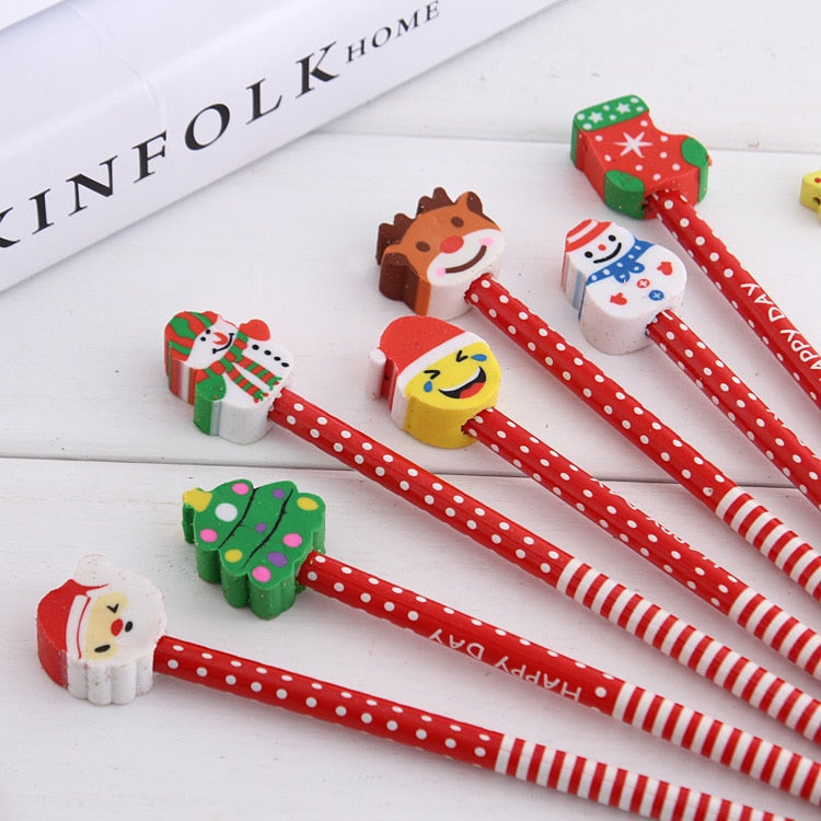 Christmas Pencils 5-Pack with Santa Snowman Eraser Caps