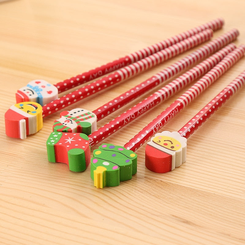 Christmas Pencils 5-Pack with Santa Snowman Eraser Caps