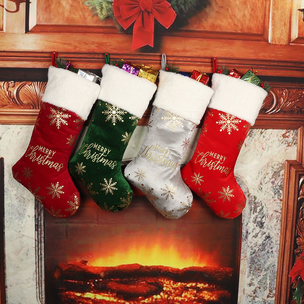 Christmas Stocking Set of 4 with Embroidered Snowflakes