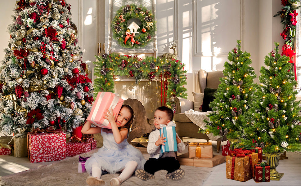 Lit Christmas Entrance Tree Set with Wreath and Garland