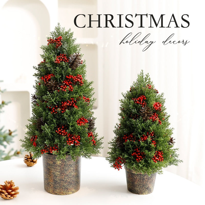 Christmas Tree Pot Decor with Red Berries for Tables