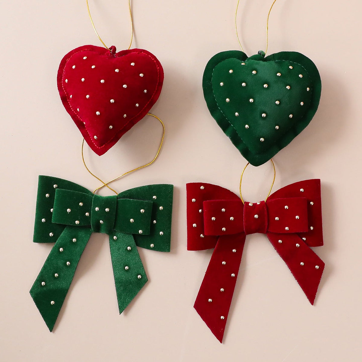 Christmas Tree Ornaments: Plush Heart & Bow Decor Set