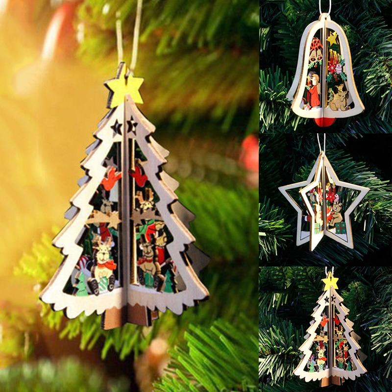 3D Christmas Tree Ornaments Wooden Holiday Decor Set