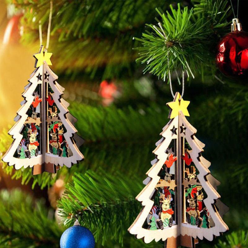 3D Christmas Tree Ornaments Wooden Holiday Decor Set