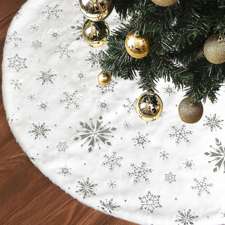 Plush Christmas Tree Skirt with Gold Stars & Snowflakes