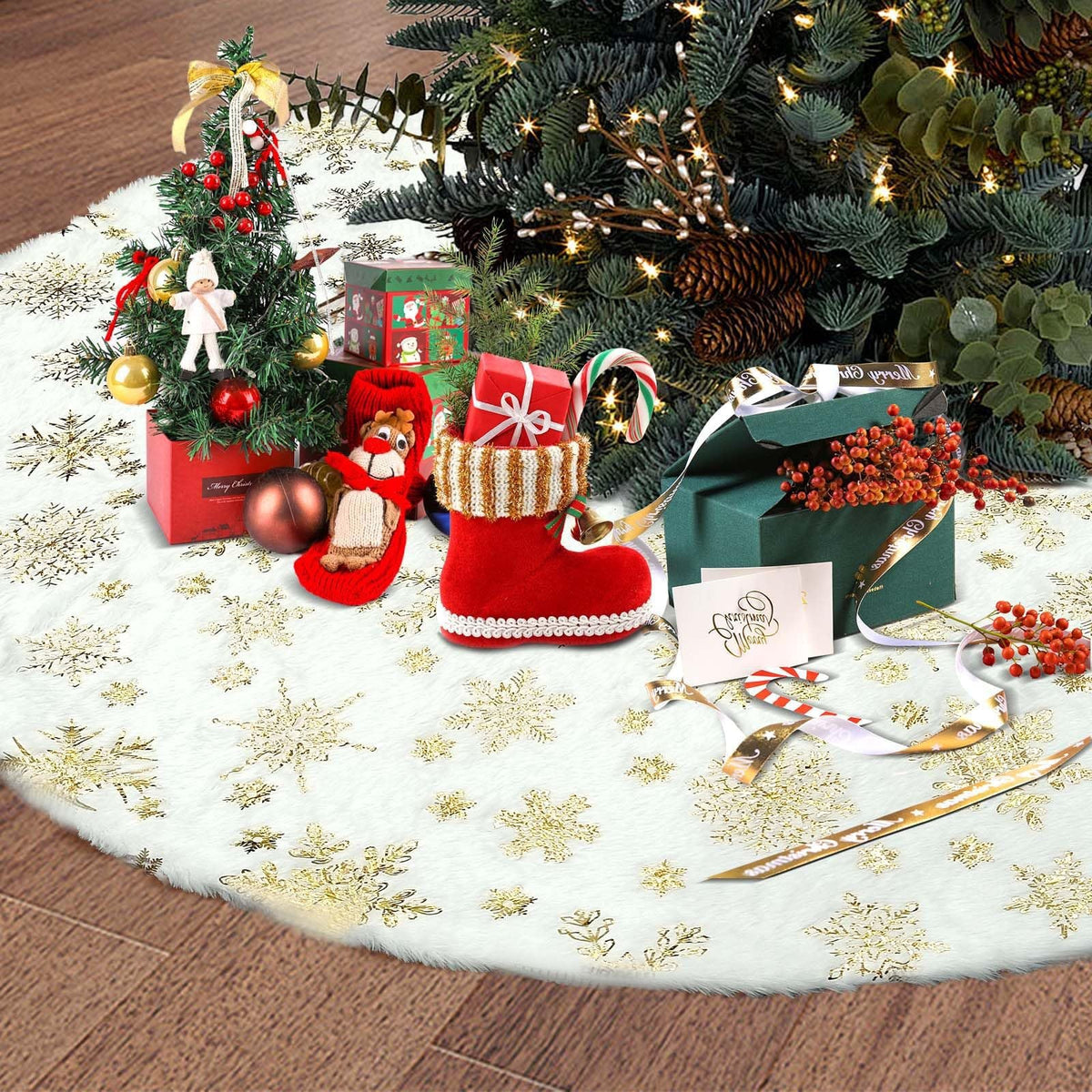 Plush Christmas Tree Skirt with Gold Stars & Snowflakes