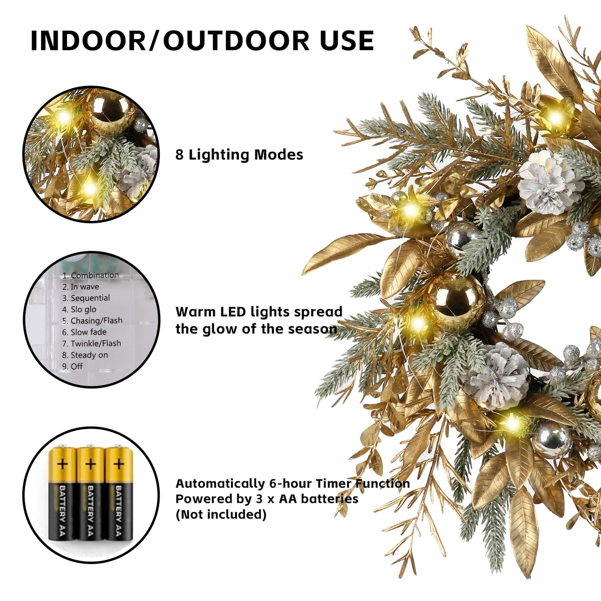 20-Inch Christmas Wreath with Warm LED Lights & Timer