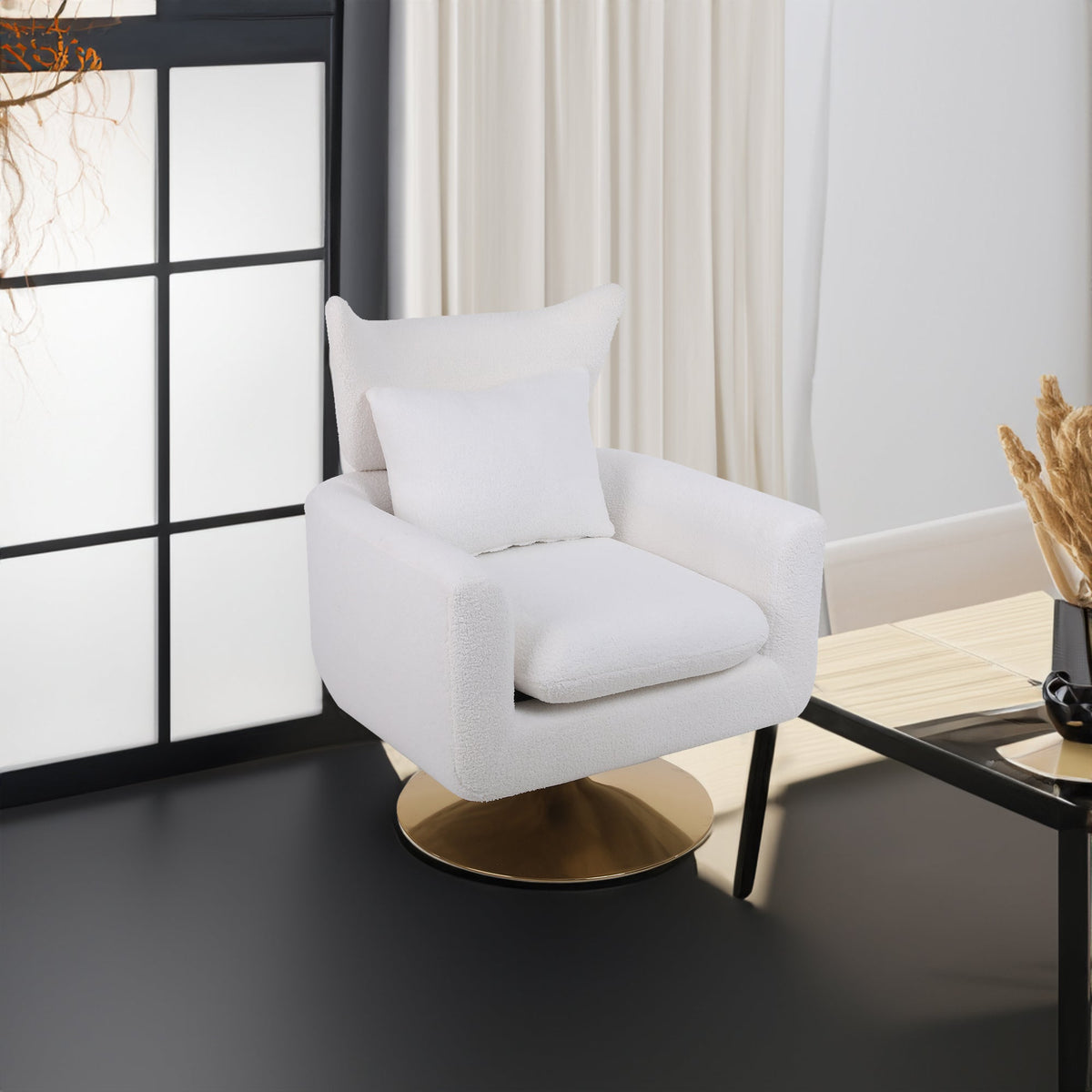 Plush Mid-Century 360 Swivel Accent Chair, White Teddy