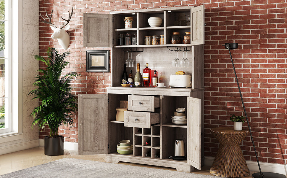 Farmhouse Coffee Bar Cabinet with Wine Rack & Storage