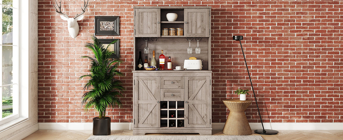 Farmhouse Coffee Bar Cabinet with Wine Rack & Storage